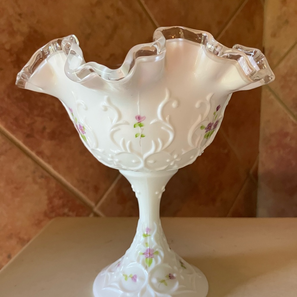 Fenton Milk Glass with Purple Violets Silver Crest Ruffled Pedestal Bowl
